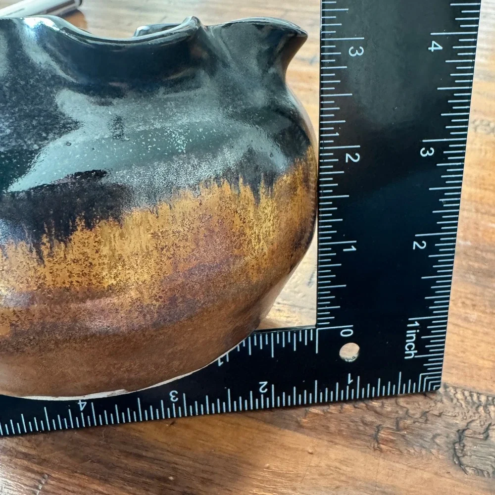 Handmade Studio‎ Pottery Ruffled Rim Vase Black Amber Drip Glaze Artisan Signed